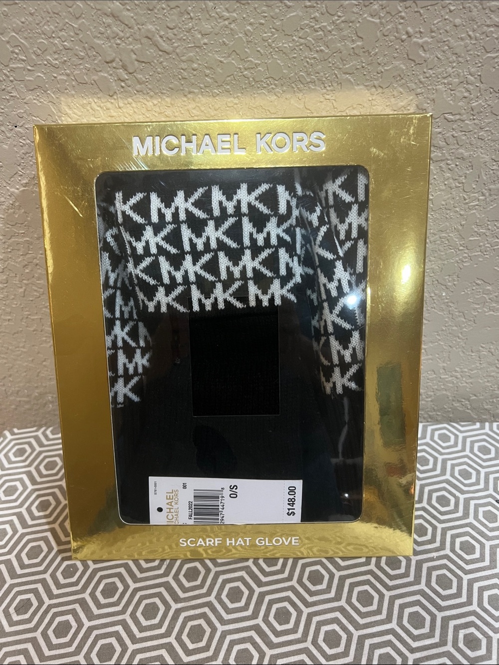 Michael Kors Black & White Logo Knit Scarf, Hat & Gloves Set